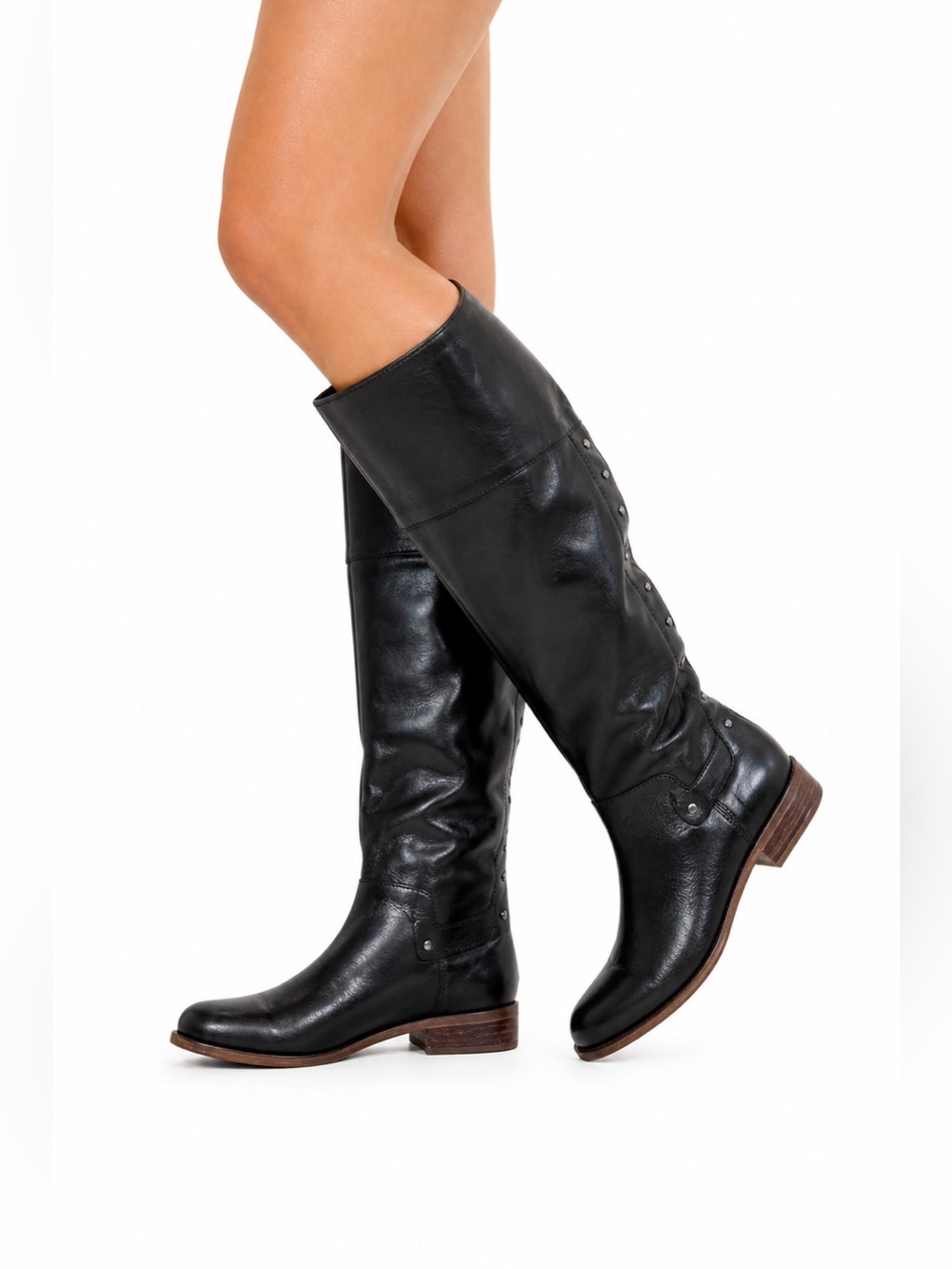 Franco Sarto Leather Roxie Studded Riding Boots Black Sz 7 Equestrian Steampunk